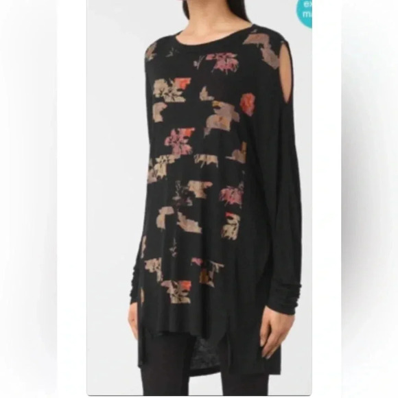 AllSaints Womens Cold Shoulder Arosa Aino Long Sleeve Print Tee Shirt Small - Picture 1 of 14